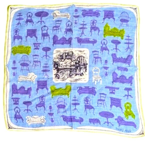 Vtg 1950s Designer Tammis Keefe Linen Rolled Edge Hankie Purple Lime Chaise - Picture 1 of 7